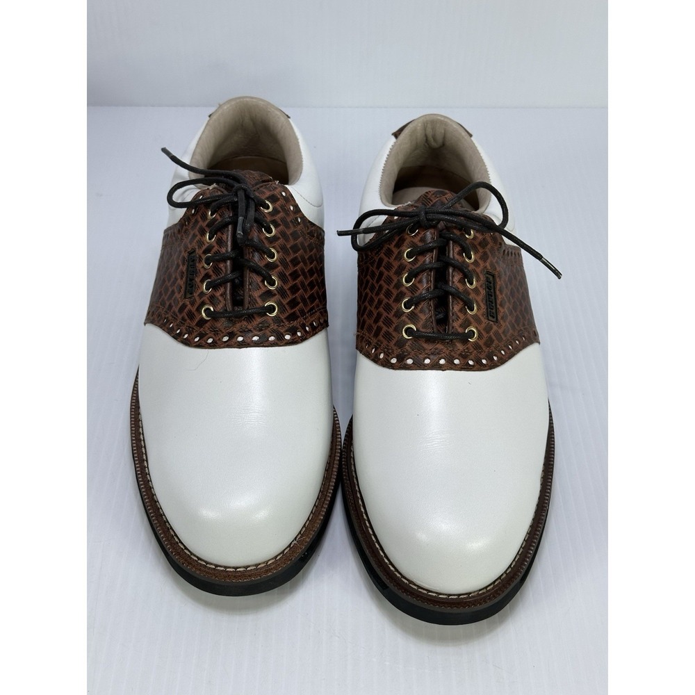 Dunlop Mens Leather Golf Shoes White Brown Lace Up Low Top Spikes Size 8